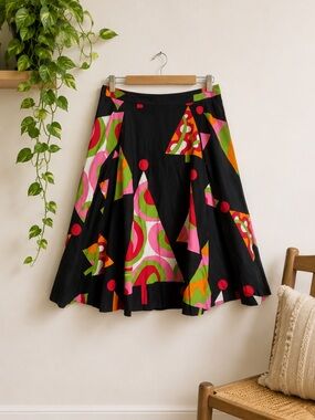 Vintage Black Cotton Swing Skirt Colorful‎ Print Twee Lined Midi Sz 12 Statement